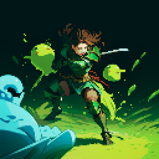 slime slamming into a hero, impact, splattering, full-body image, hero has brown hair and metal armor, slime is green