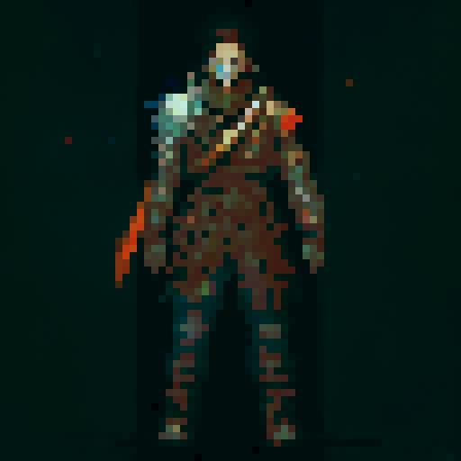 young frail fighter scavenger, pixel art, fantasy apocalypse, vibrant colors, intricate armor, towering ruins, overgrown vegetation, magical artifacts, glowing crystals, eerie atmosphere, dilapidated cityscape, mysterious creatures