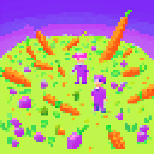 Odd world, lime green grass, purple ocean, pink sky, gigantic carrots, boy in blue pajamas