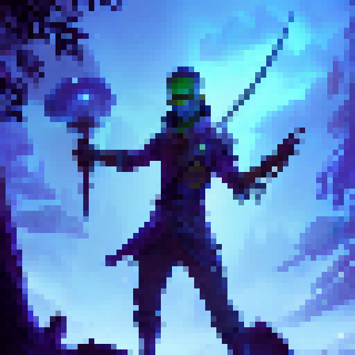 Glowing-eyed rogue Ekko wields a silver sword, evading shadowy wolves in a mystical forest of giant mushrooms and luminescent flora. (Fantasy RPG)