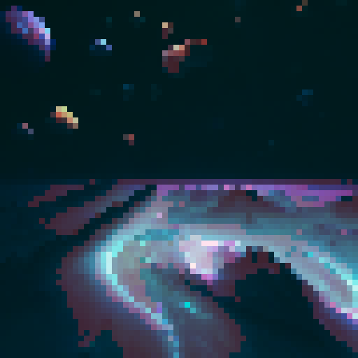 "Chromatic planet with rippling auroras, surrounded by tiny moons that spark like fireflies in the deep space abyss, rendered in a whimsical, painterly style."