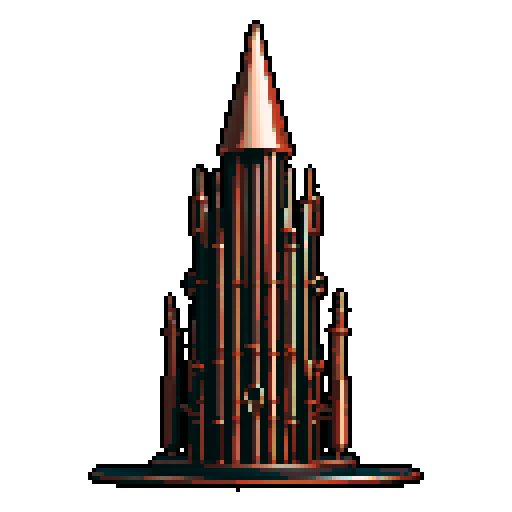 I want a tall vertical copper structure reminiscent of a organ pipe. It should have strange mechanical details that could interlock with each other. I also want this object usable an asset in a videogame, meaning only one object per image, outlined with a strong black stroke, on a solid-color background.