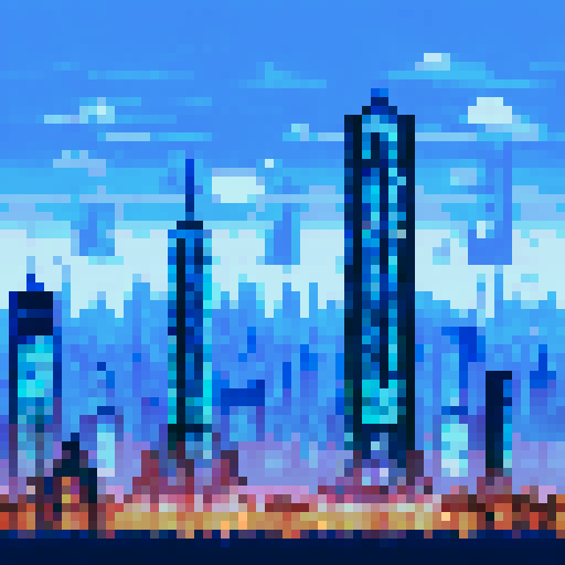 Towering skyscraper, metropolis scene, muted palette of grays blues and greens, simple background, pixelated world
