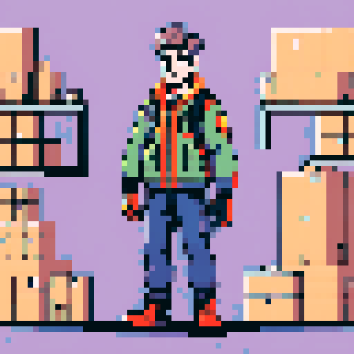 A warehouse worker for Amazon Germany, wearing jacket, gloves and safety boots