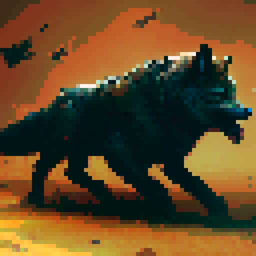 Full body shot of wolf with red glowing eyes, razor sharp teeth, drooling and preparing to attack in a field on a cloudy day