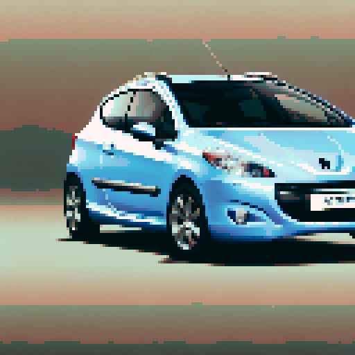 Photorealistic whole Peugeot 207, three-quarter view, right front wheel, clean background, sRGB colors, pixel art style
