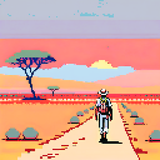 South africa setting, hot day, mirage on the horizont, starving stranger scout walking to mirage, hopeless atmosphere.