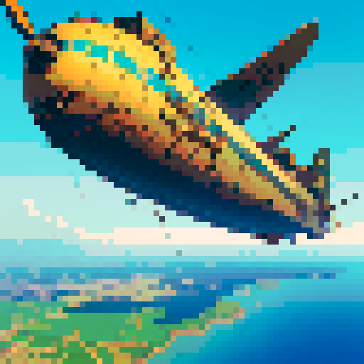 Dieselpunk Airship, bustling sky city, vintage planes, vibrant colors, detailed pixel art, anime style