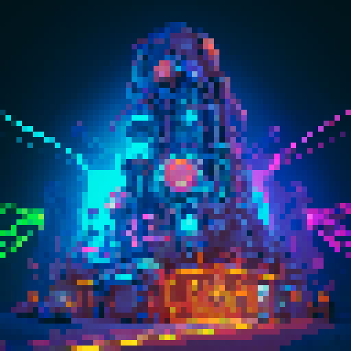 retro-futuristic excavation building, game icon, 32x32 pixel art, sRGB, skill art, close up, portrait, vibrant colors, glowing neon lights, weathered metal surfaces, towering smokestacks, mechanical gears, steampunk elements, futuristic machinery, intricate circuitry, holographic displays, pulsating energy sources
