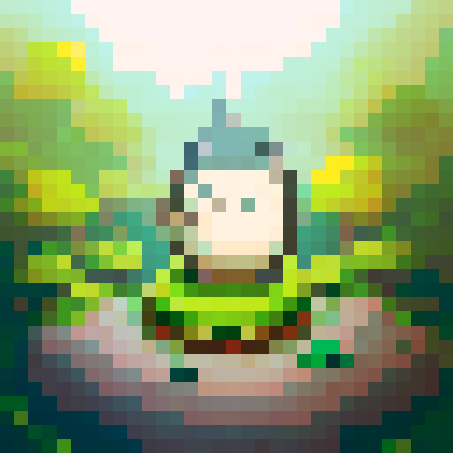 Totoro, surrounded by lush green trees, sitting on a moss-covered stone, with raindrops falling around, in vibrant pixel art style