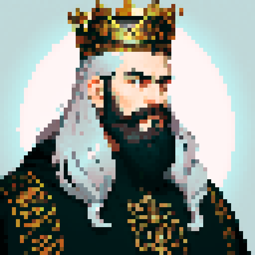king, regal, black metall crown, black crown, majestic, stoic expression, sharp features, beard, silver accents, silver royal robe, intricate embroidery, game icon, 32x32 pixel art, sRGB, skill art, close up, portrait, golden hairs, detailed