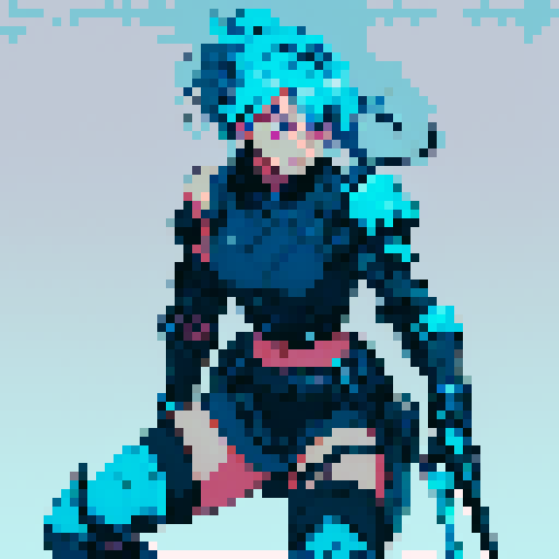 athletic female, exuding strength and agility. shoulder-length Midnight Blue hair, streaked with Royal Blue highlights. armor is a sleek combination of Dark Slate Blue and Neon Cyan, Steel Gray accents cover her gauntlets and shin guards, Charcoal Black underlayer. glowing Gold artifact on chest and Blue visor. utility belt, in Dark Gray with Neon Purple details, and black boots with Cyan highlights