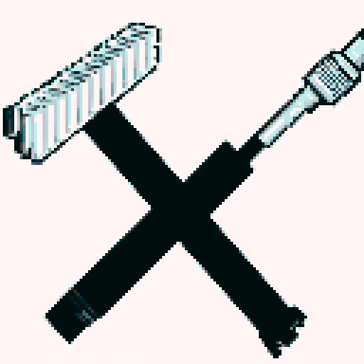 Crossed hammer and screwdriver, towering over a white background, rendered in pixel art with a high contrast black and white palette