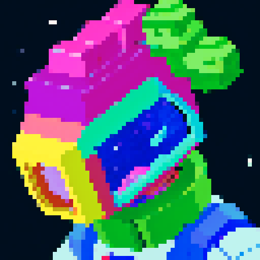 astronaut exploring a mysterious, pixelated alien landscape, encountering vibrant, blocky extraterrestrial creatures and plants in a vivid, sRGB color palette
