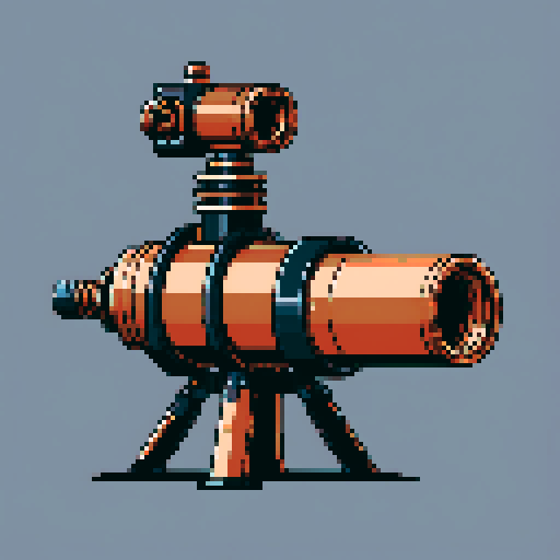I want a tall vertical copper structure reminiscent of a minigun's barrel. It should have strange mechanical details that could interlock with each other. I also want this object usable an asset in a videogame, meaning only one object per image, outlined with a strong black stroke, on a solid-color background.