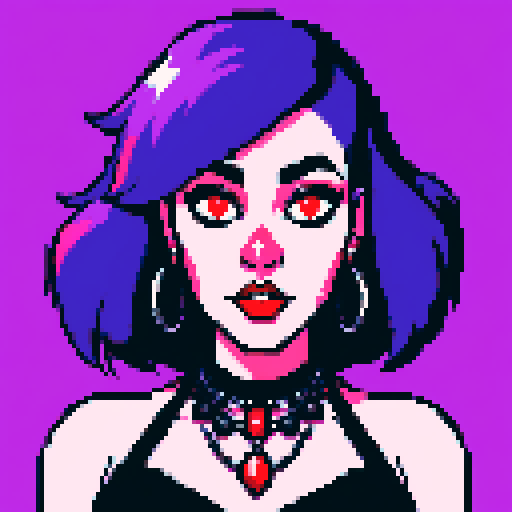 Plus size busty goth girl, with long purple hair, eyeliner, red lipstick. wearing a halter top and spiked collar. Posing for a up close face portrait. vibrant sRGB colors, pixel art, edgy aesthetic