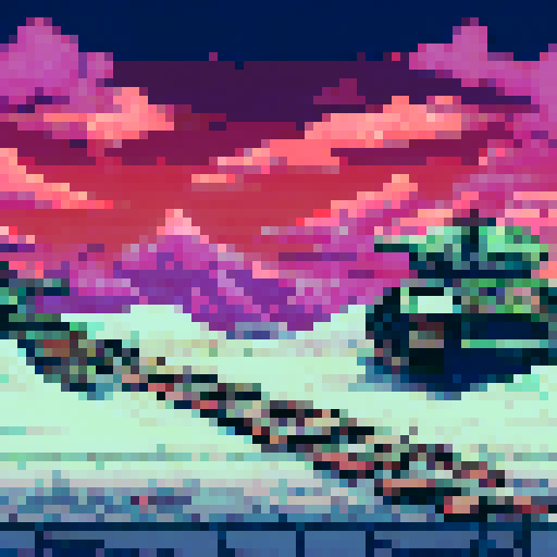 Rusty, metal tracks crunch through the snow as an abandoned tank looms over a desolate, icy wasteland in a pixelated, sRGB landscape