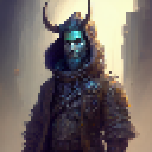 Rugged, bearded warrior with piercing eyes wears a horned helmet and intricate chainmail, brandishing a glowing, enchanted sword amidst a fantastical RPG world - all in highly-detailed, pixel-perfect concept art style.
