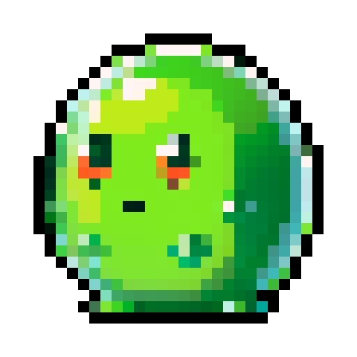 A classic green Slime with a semi-transparent, jelly-like body. It has large, friendly eyes and a simple, happy expression. The Slime has a characteristic amorphous shape and a slightly glossy surface. No background.
