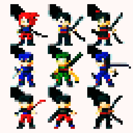 ninja anime pixelated avatars with katanas on there backs
