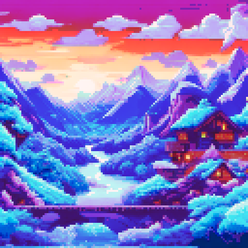 Snow-capped peaks towering over pine forests and frozen lakes, with a cozy cabin nestled in the valley, all rendered in a vibrant, pixelated art style on an sRGB background
