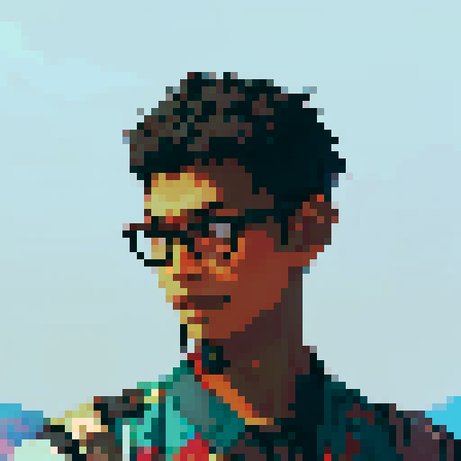 Southeast Asian man, short curly hair, glasses, tanned