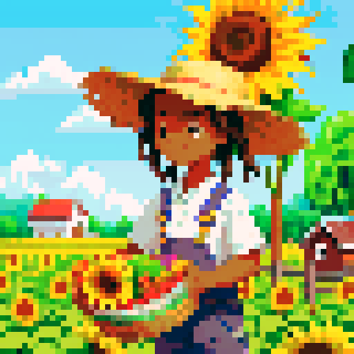 cute African American male farmer with dreads and a straw hat, pixel art, sRGB, vibrant colors, flourishing crops, cheerful sunflowers, bustling farm animals, rustic wooden fences, tranquil countryside, picturesque barn, bountiful harvest, idyllic farm life