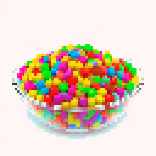 rainbow candy mix in different shapes in a glass bowl, white background
