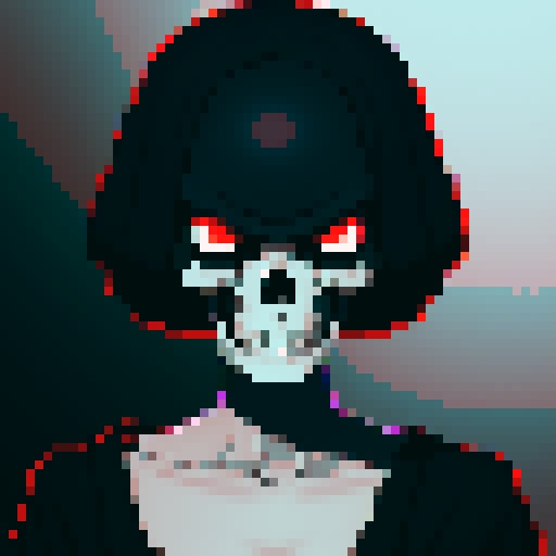 flat skull face, expressive eyes, dark colors, pixelated details, sRGB color space, blank background