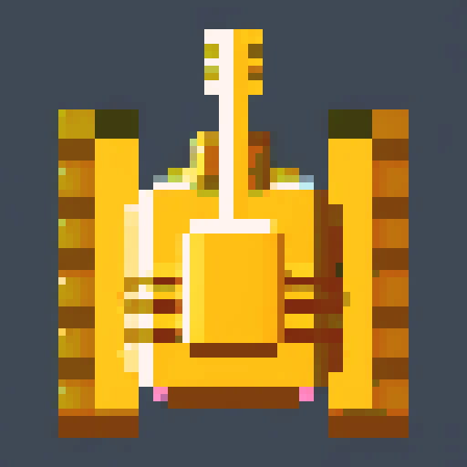 upgraded tank, top-view, game sprite, 32x32 pixel art, sRGB, 2d game art, close up, yellow main color, single turret, intimidating cannons, tracks, tranparent background, game sprite, symmetry