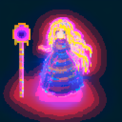  Mage anime girl with flowing hair, fluorescent tattoos, and a glowing staff,  floating in her evil lair