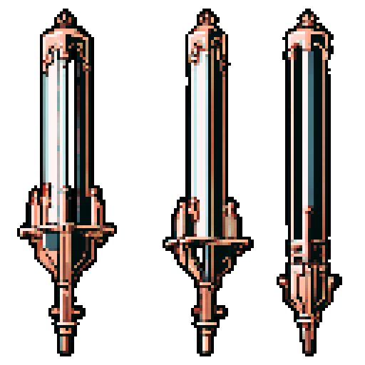 I want a tall vertical copper structure reminiscent of a organ pipe. It should have strange mechanical details that could interlock with each other. I also want this object usable an asset in a videogame, meaning only one object per image, outlined with a strong black stroke, on a solid-color background.
