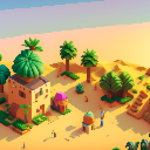 desert village, bustling market, towering sand dunes, colorful rooftops, winding narrow streets, palm trees swaying, vibrant rugs, distant oasis, golden sunsets, sandstone buildings, mosaic patterns, pixel art