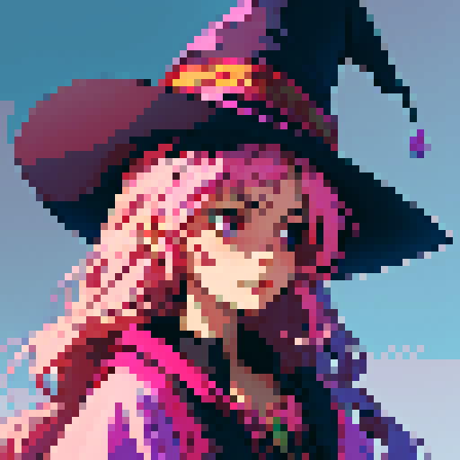 cute witch, long pink hair, staff, witch's hat, witch's dress, pixel art style, sRGB