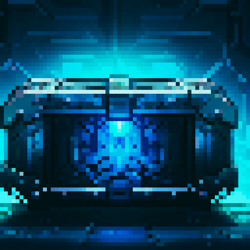 mystery box, stone, metall, shiny, pixel art, sRGB, vibrant colors, glowing lights, intricate patterns