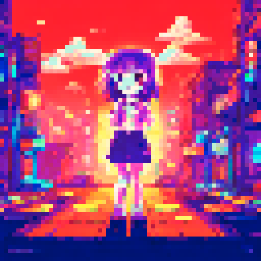 Anime girl with a plaster on her cheek, standing in a dark alleyway with a portrait of a loved one in her hand, surrounded by pixelated street art and a neon-lit urban landscape in sRGB style