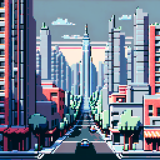 Cityscape, towering skyscrapers, bustling streets, retro video game vibes, blocky pixelated buildings, grey palette, 8-bit art style,ARNE32 palette, little details, top of a building perspective
