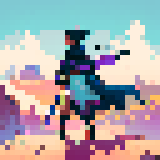 Heroine with a hood, mid run to the right, vibrant colors, blocky pixels, retro video game style, dynamic pose, flowing cape, intense shadows, atmospheric lighting, stylized background, dramatic perspective, detailed textures