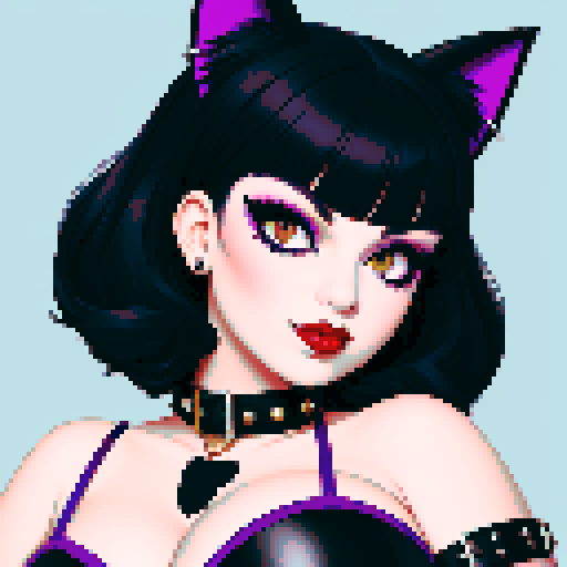 Cat girl, curvy, cute goth woman with black hair, purple eyeshadow, and red lipstick, wearing a bikini, studded collar, portrait, face avatar, in a glamour shot, sRGB color