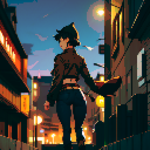 Night urban street light background, young girl, short black hair, brown coat, black jeans, thin hips, beige hat, running, turn back, far view from the back