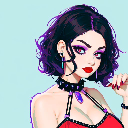 curvy, cute busty goth woman's face, whole head portrait, black hair, purple eyeshadow, red lipstick, low cut black  halter top, studded collar, vibrant sRGB colors, 