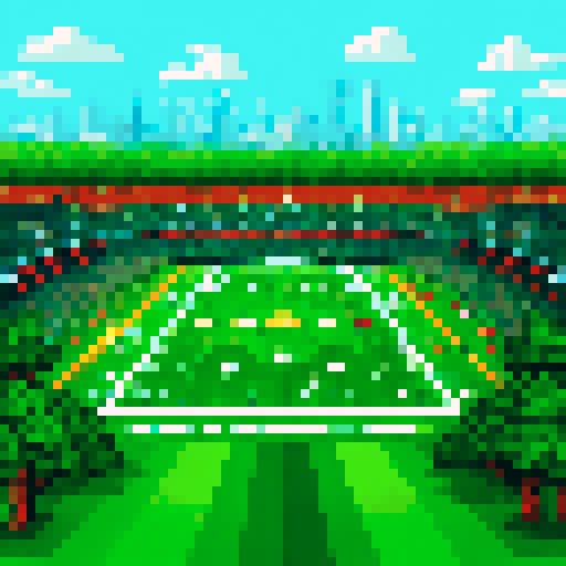 Green and lush, the NFL field stretches out before you, with a vibrant crowd of pixelated fans filling the stands in the background