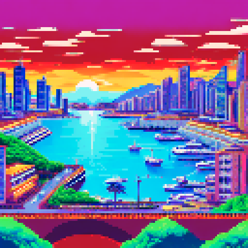 Monaco's glittering harbor nestled amidst towering skyscrapers, a sleek red Ferrari zooming past the roaring crowd, the sun-drenched coastline glittering in the background, all captured in vibrant pixelated glory