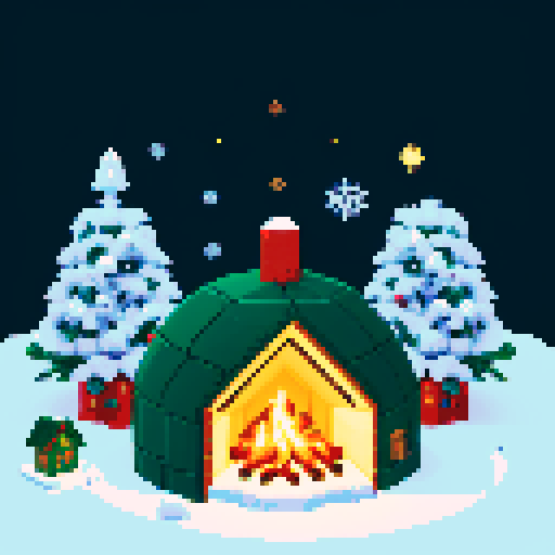 christmas-themed tiny winter town, igloo with smoke coming out, cozy fire in the day, pixel art style, winter trees surrounding, sRGB color space