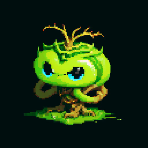 A large, powerful creature made of intertwined vines and roots. It has sharp thorns, glowing yellow eyes, and a fierce expression. It moves with a menacing grace, ready to ensnare its enemies. No background.
