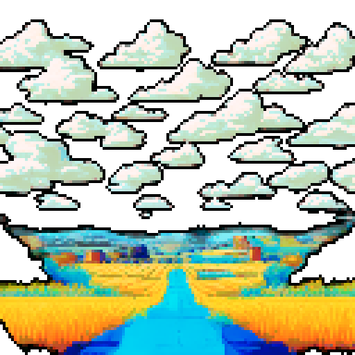 Blue sky with fluffy clouds at the top 25%, golden wheat field below, simple bright blue sky tone, textured golden wheat field, retro video game background feel, limited 16-color palette, 128x128 resolution