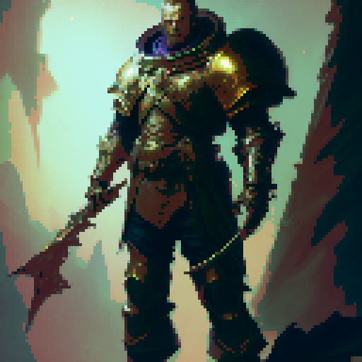 crusader, knight, paladin, two-handed sword, greatsword, heavy armor, confident stance, muscular build, armored helmet, deep red and gold armor, detailed sword, both hands on sword