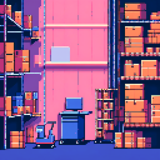 warehouse workstation with a conveyor belt and trolley filled with boxes, pixelated details, vibrant sRGB colors
