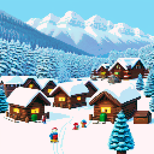 snowy mountain range ski town with a tiny lodge, igloo, campsite, cold, pixel art, sRGB, christmas themed