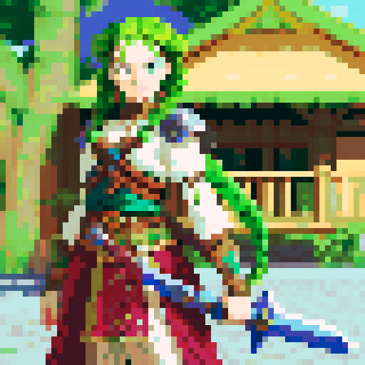 female warrior, vibrant green hair with braids, large sword, fantasy RPG character portrait